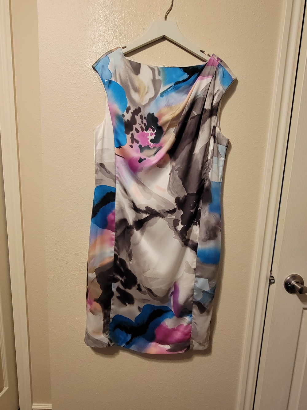 Abstract Watercolor Sheath Dress in Blue, Pink & Black